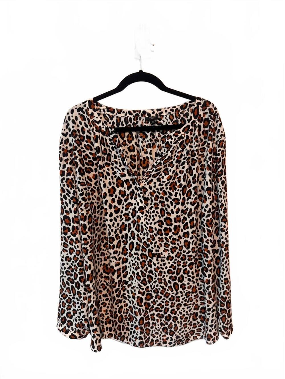 Talbots 3X Leopard Animal Print Long Sleeve Blouse Mandarin Collar Tunic Top